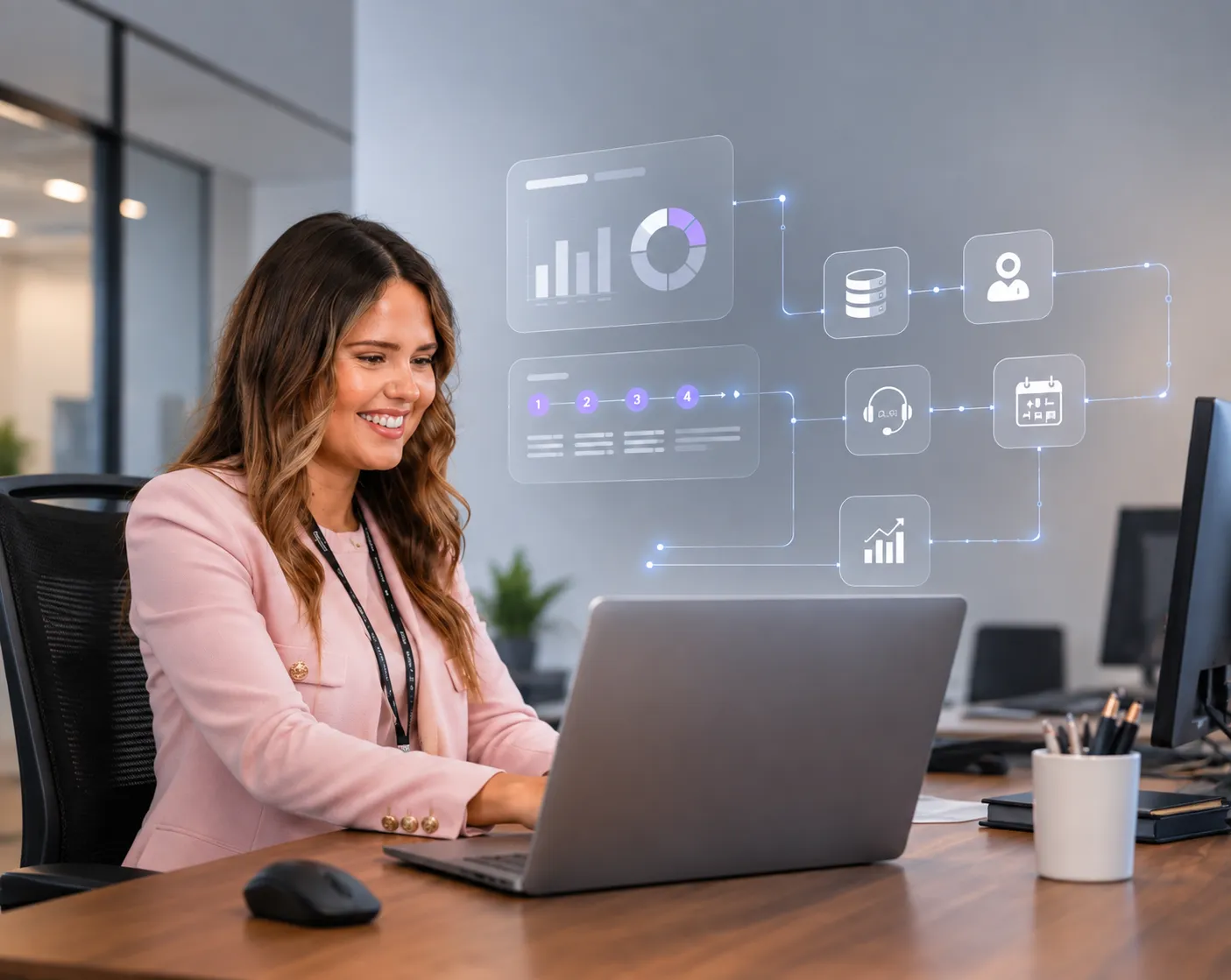 Retail professional using a laptop with AI automation workflows surfaced around the screen