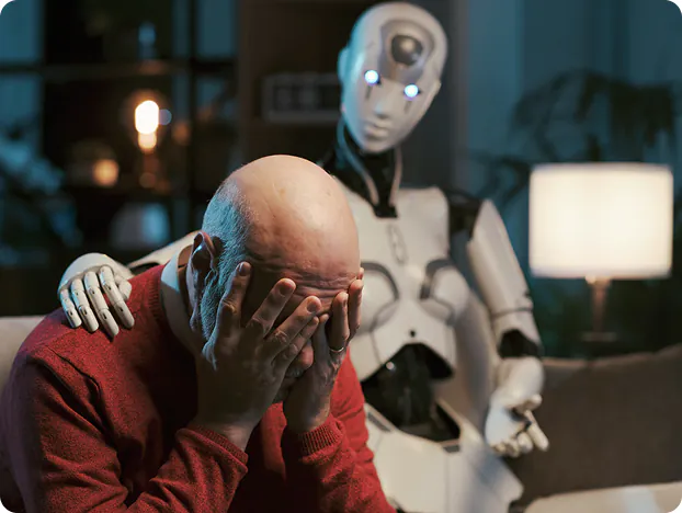 Business owner overwhelmed by manual work with an AI robot assistant