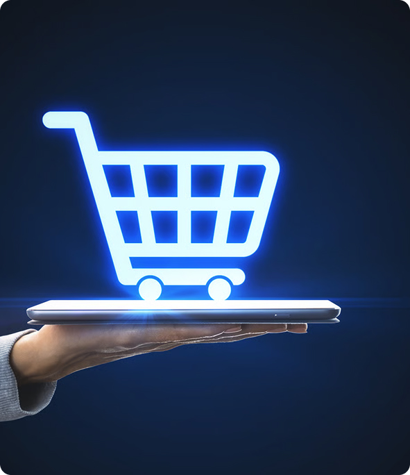 Hand holding a tablet with a glowing AI eCommerce shopping cart