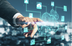 Hand connecting cloud data icons across integrated eCommerce systems