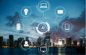 AI brain icon linked to connected eCommerce knowledge and tools