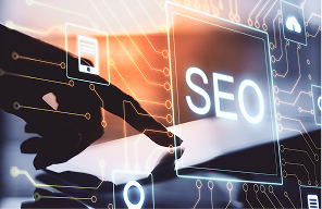 Hand interacting with an SEO interface above a circuit-board pattern