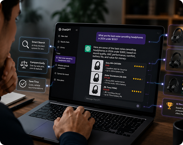 Shopper asking ChatGPT to recommend the best products on a laptop