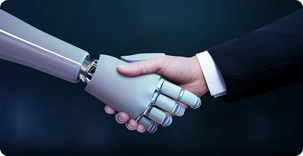 A robot and a human shaking hands, representing an LLM development partnership