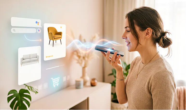 Customer using voice shopping support with ecommerce product cards