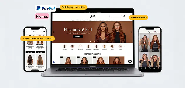 Responsive ecommerce storefront preview shown on a laptop and phones