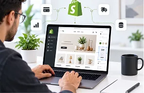 Shopify storefront on a laptop connected to payment, delivery and stock data