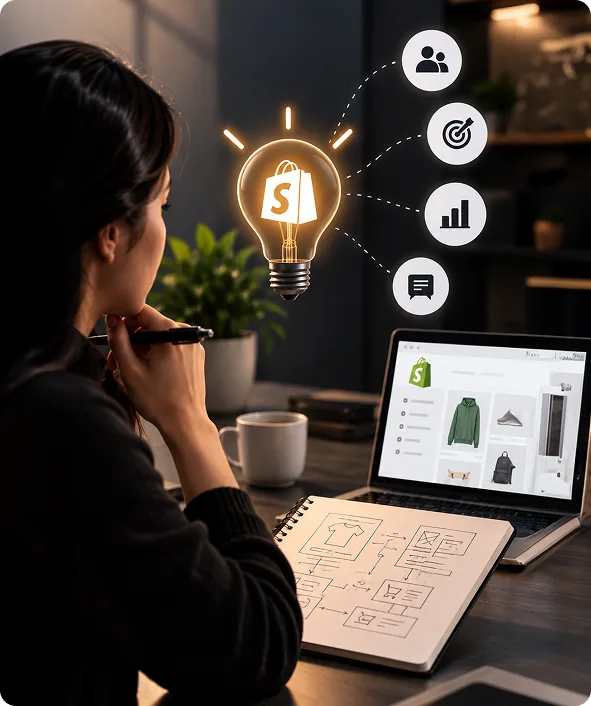 Shopify project being planned out from wireframe sketches through to a live storefront